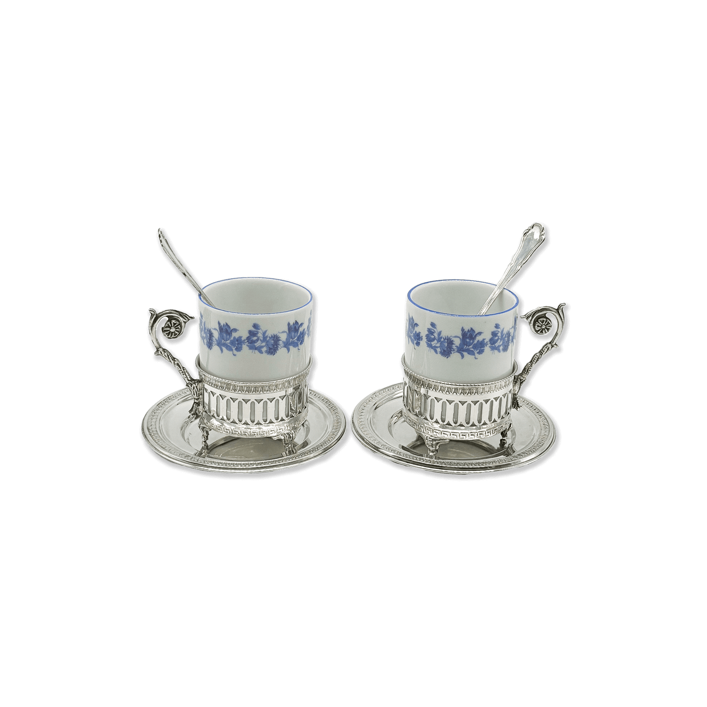 Pair of Porcelain Coffee Cups with Silver Saucers