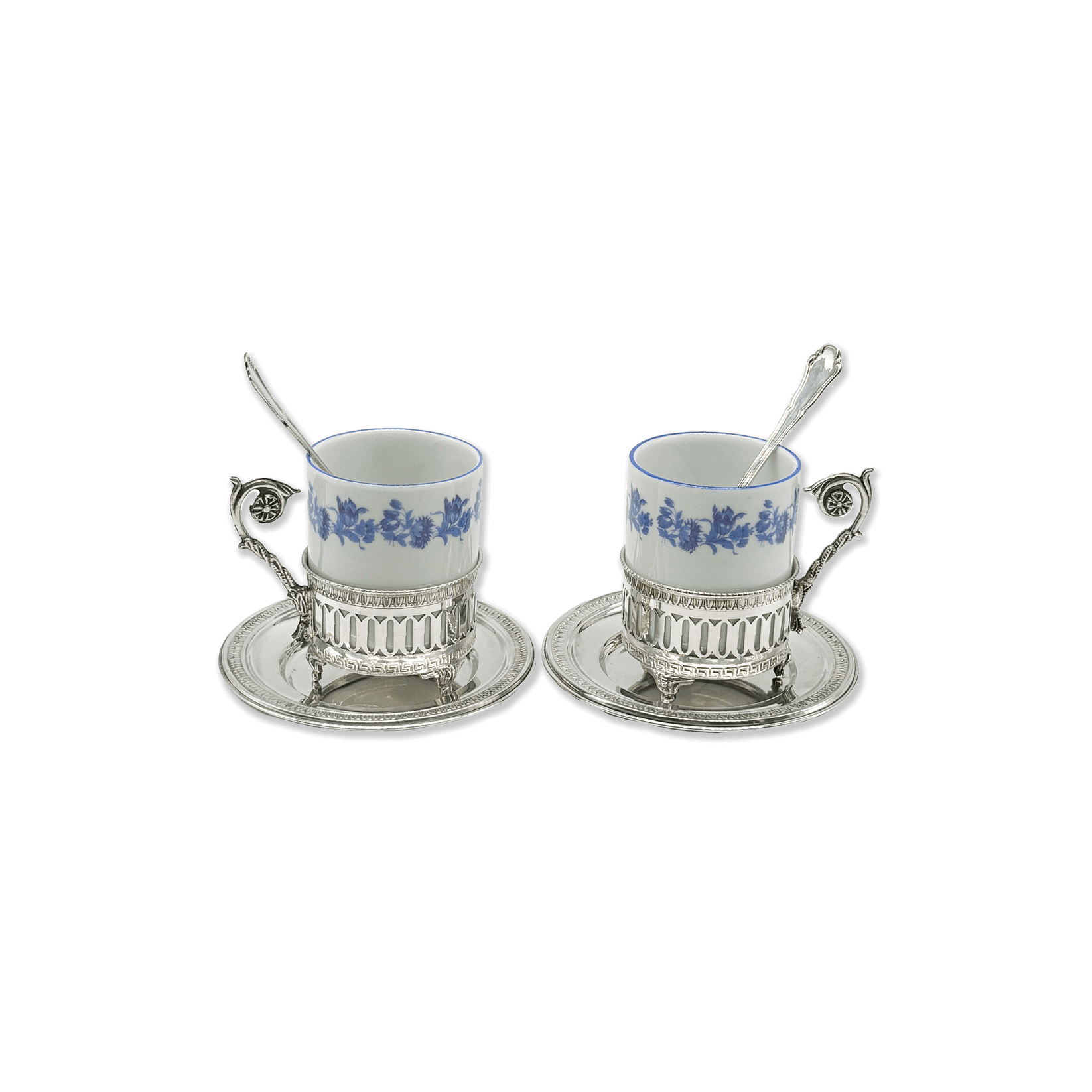 Pair of Porcelain Coffee Cups with Silver Saucers