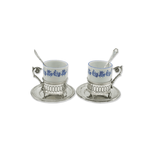 Pair of Porcelain Coffee Cups with Silver Saucers