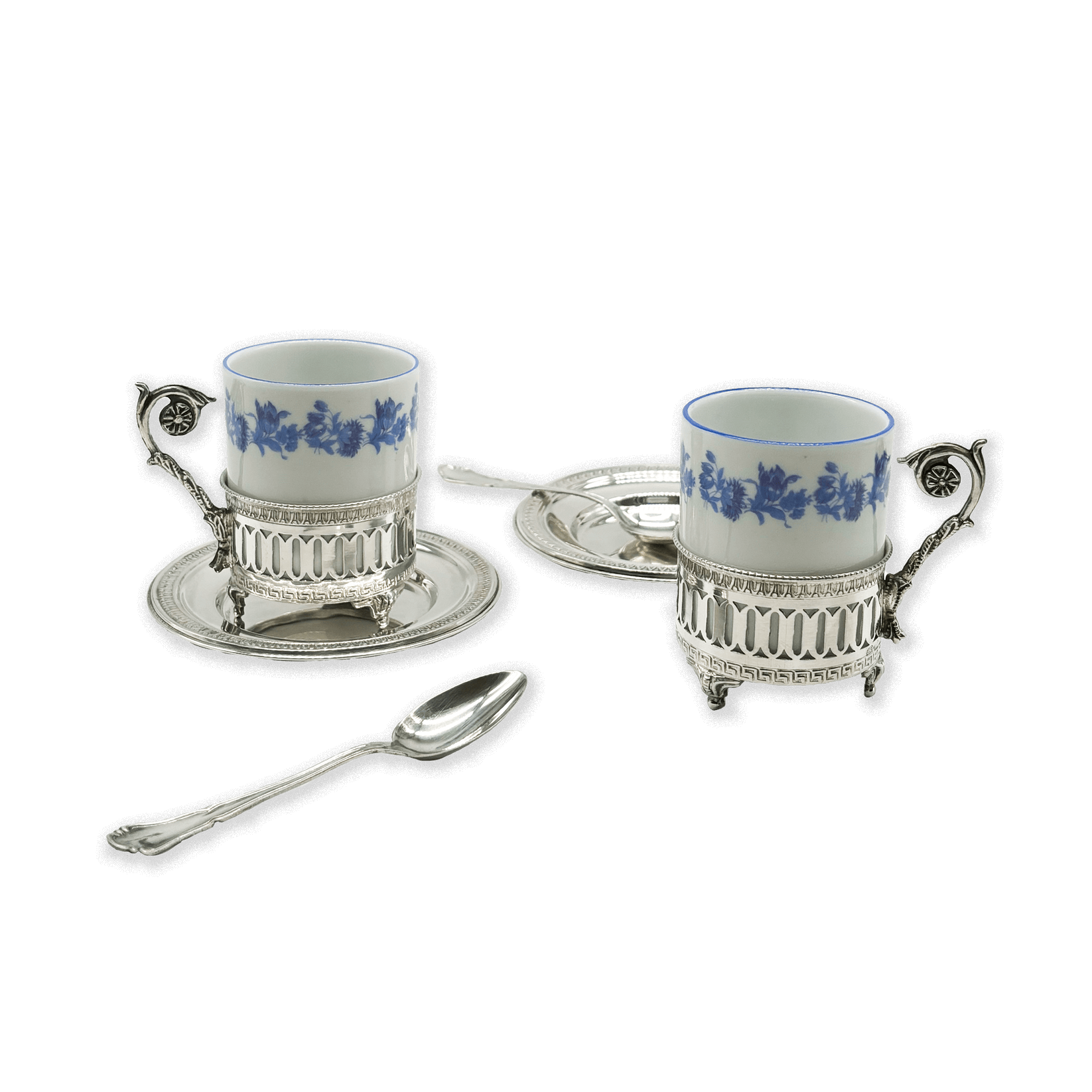 Pair of Porcelain Coffee Cups with Silver Saucers
