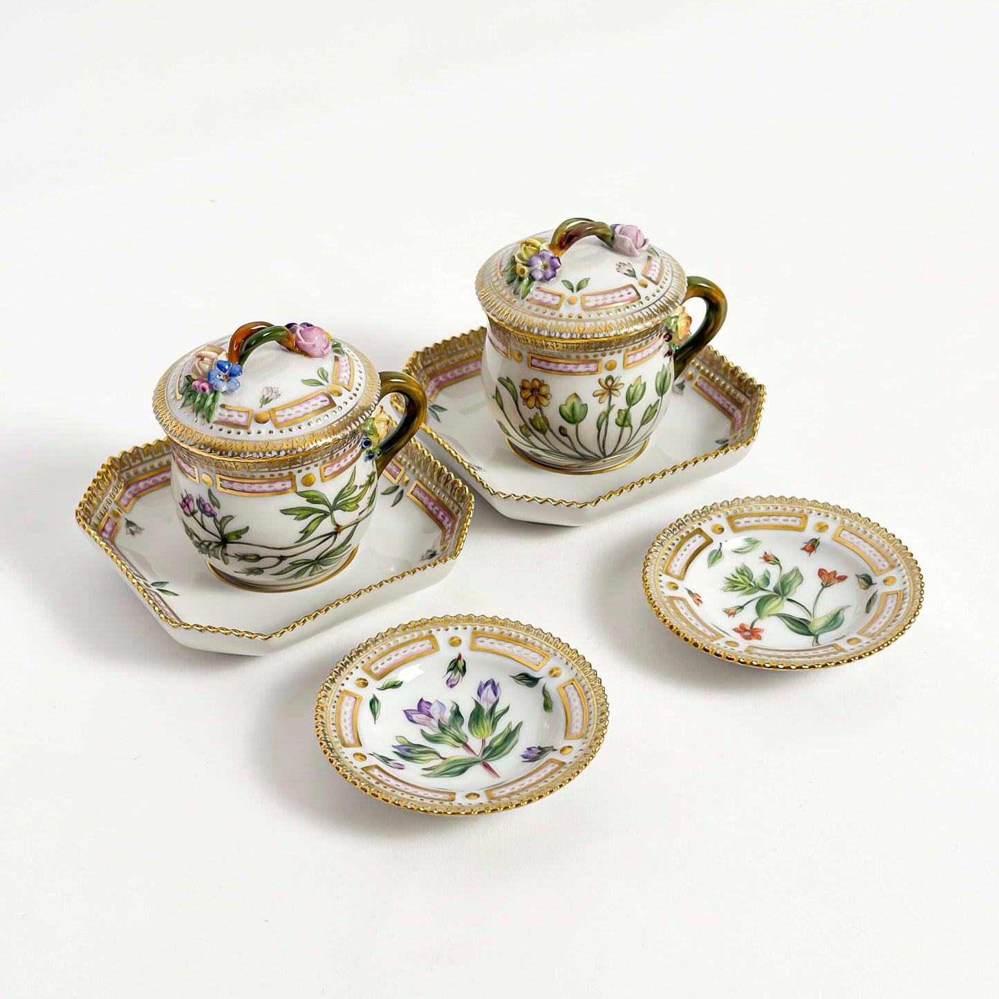 Royal Copenhagen “Flora Danica” Small Cups with Tea Bag Dishes