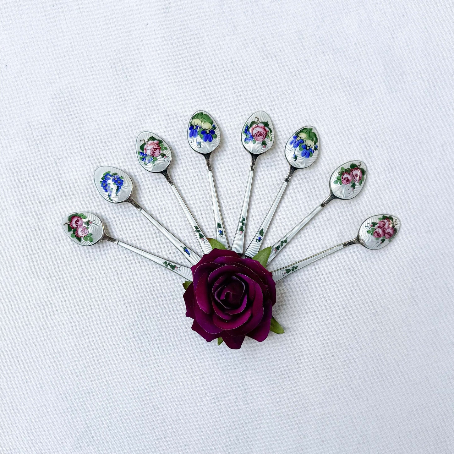 Set of 8 Danish Enamel Silver Spoons