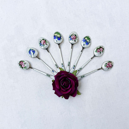 Set of 8 Danish Enamel Silver Spoons