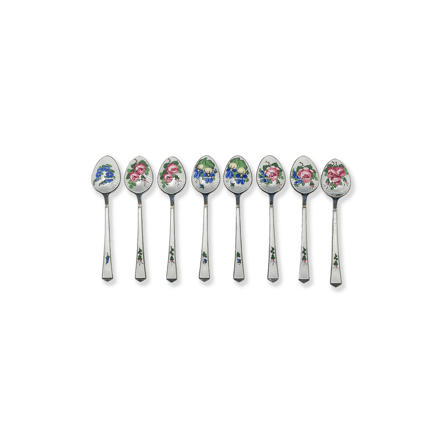 Set of 8 Danish Enamel Silver Spoons