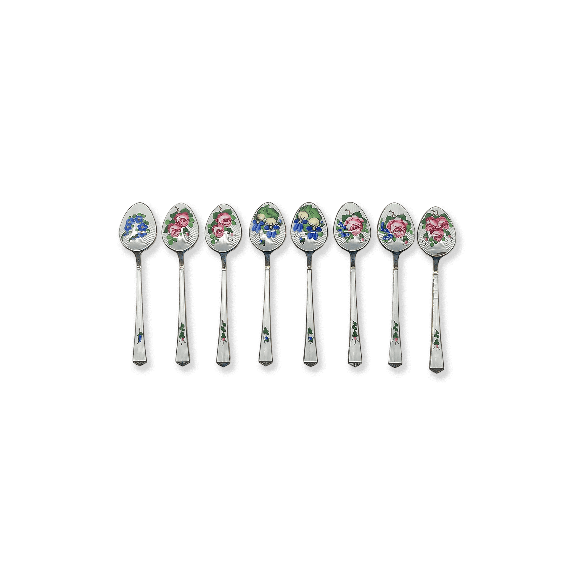Set of 8 Danish Enamel Silver Spoons