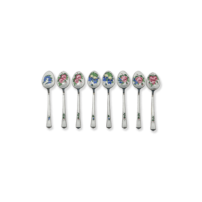 Set of 8 Danish Enamel Silver Spoons