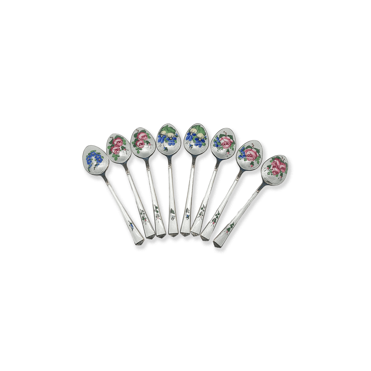 Set of 8 Danish Enamel Silver Spoons