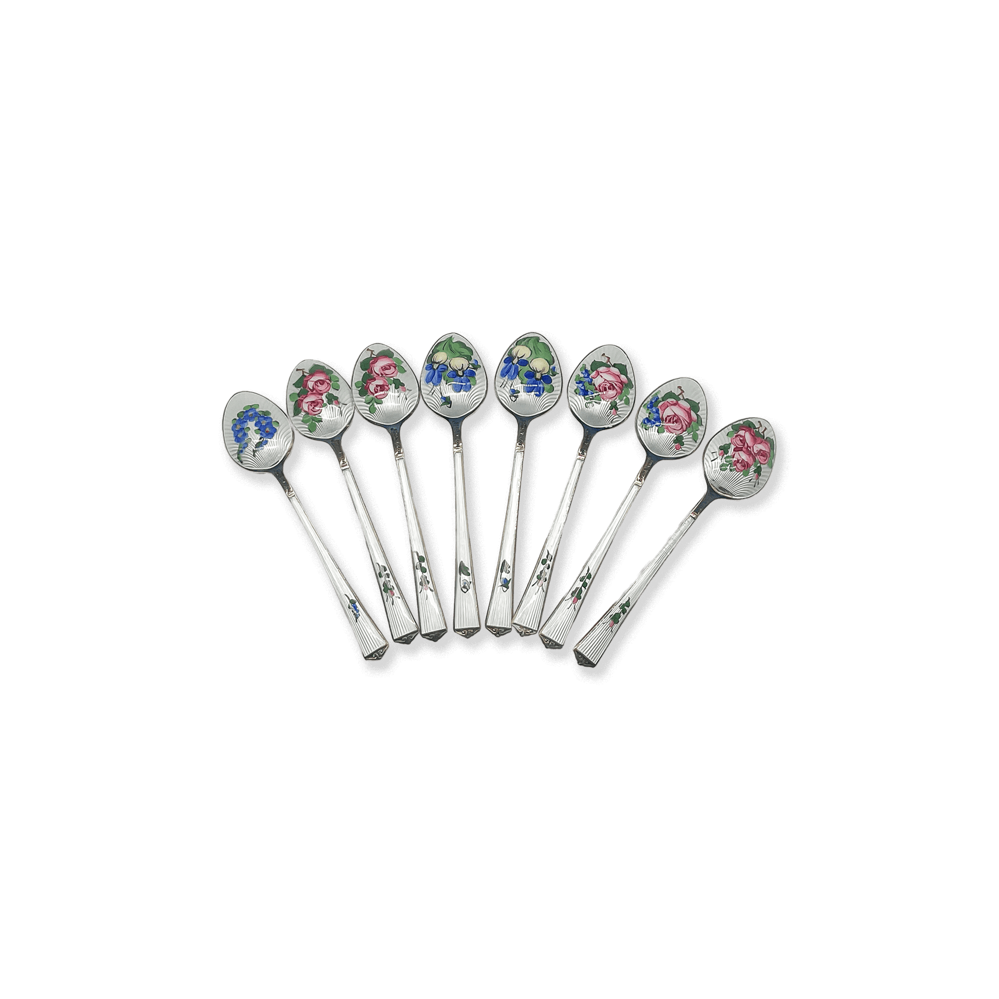 Set of 8 Danish Enamel Silver Spoons