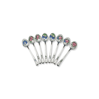 Set of 8 Danish Enamel Silver Spoons