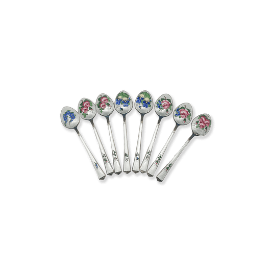 Set of 8 Danish Enamel Silver Spoons
