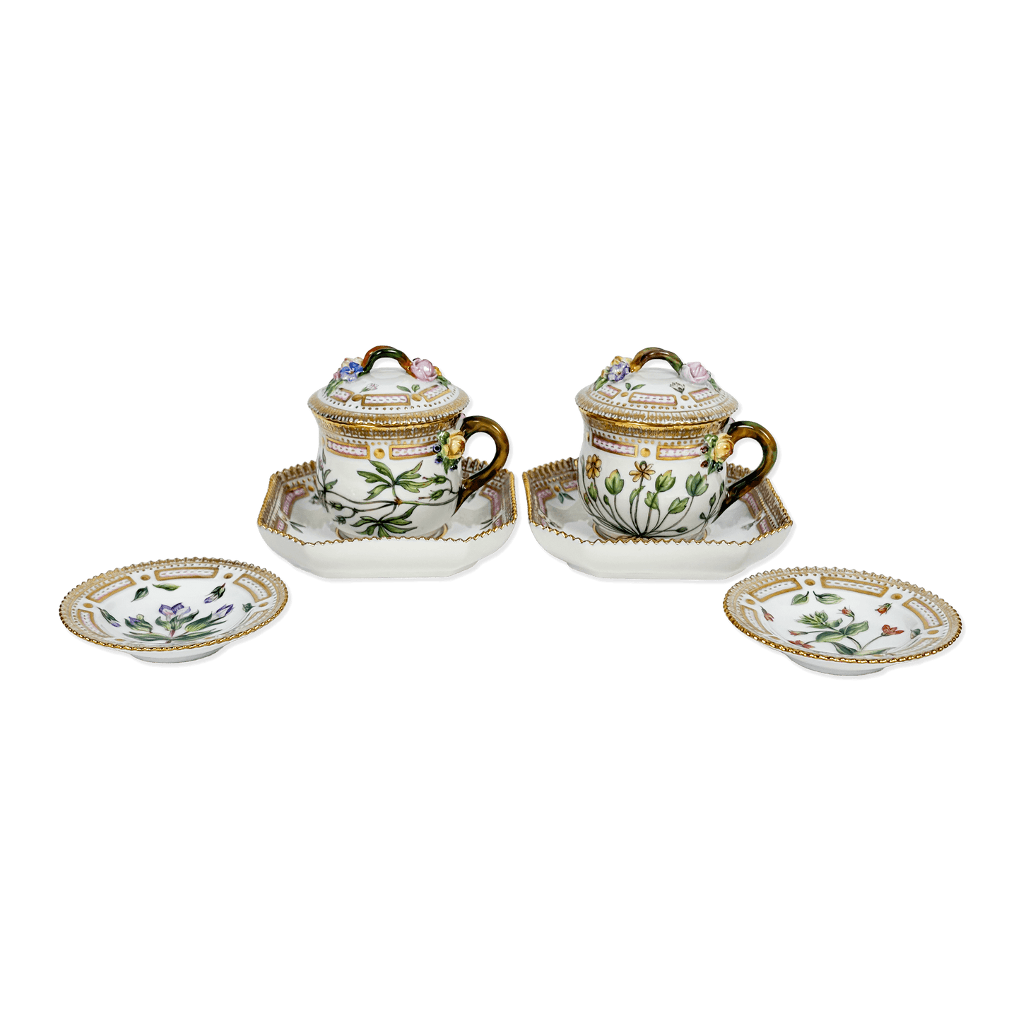 Royal Copenhagen “Flora Danica” Small Cups with Tea Bag Dishes