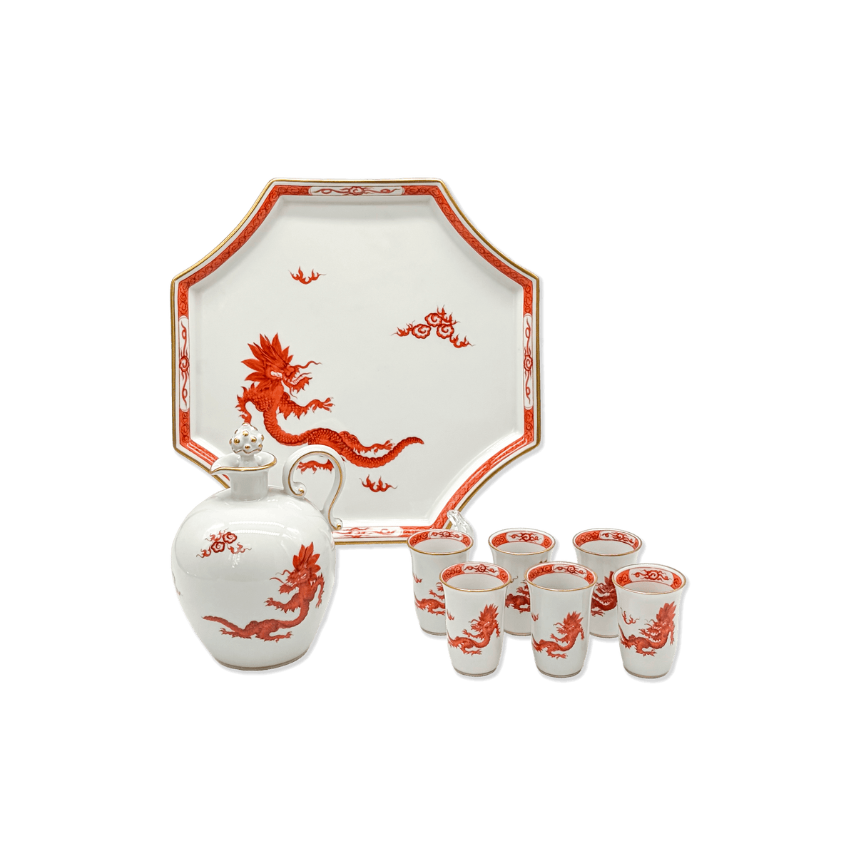 Meissen “Coral Red Ming Dragon” Liquor Set of 6
