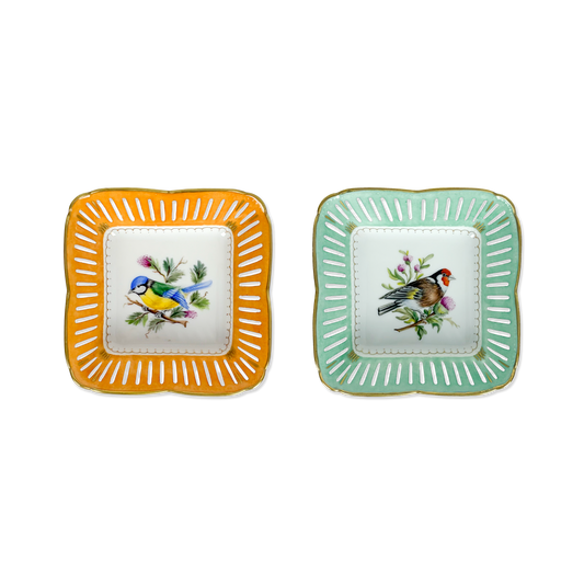 Pair of Hand-Painted Square Bird Dishes