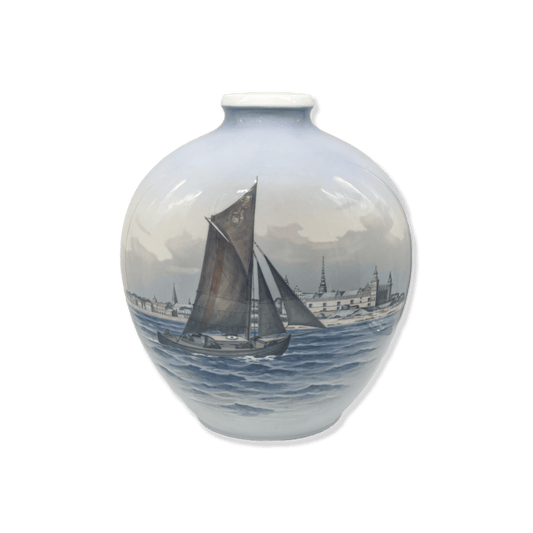 Royal Copenhagen Vase with Sailing boat in Harbour